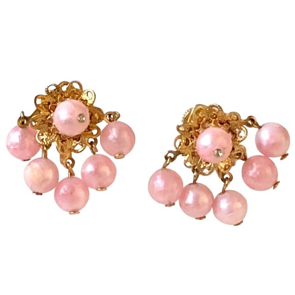 Mid Century Screw Back Earrings Pink Beads Cluster Goldtone Metal Dangling - Picture 6 of 11